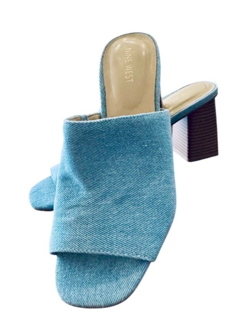 NWT Nine West size 9.5 Denim Blue Jean Slides Mules Block Heel Scandi Normgirl
